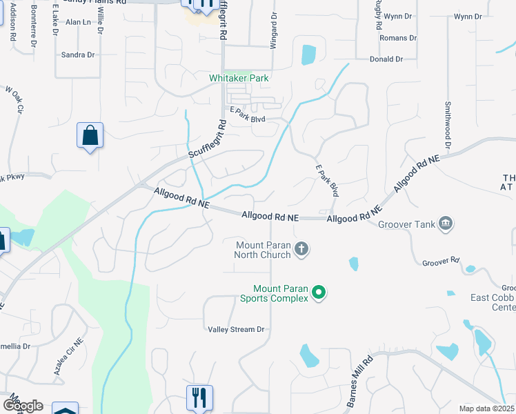 map of restaurants, bars, coffee shops, grocery stores, and more near 1562 Emerald Glen Drive in Marietta