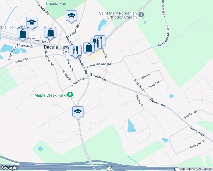 map of restaurants, bars, coffee shops, grocery stores, and more near 2680 Dacula Ridge Drive in Dacula