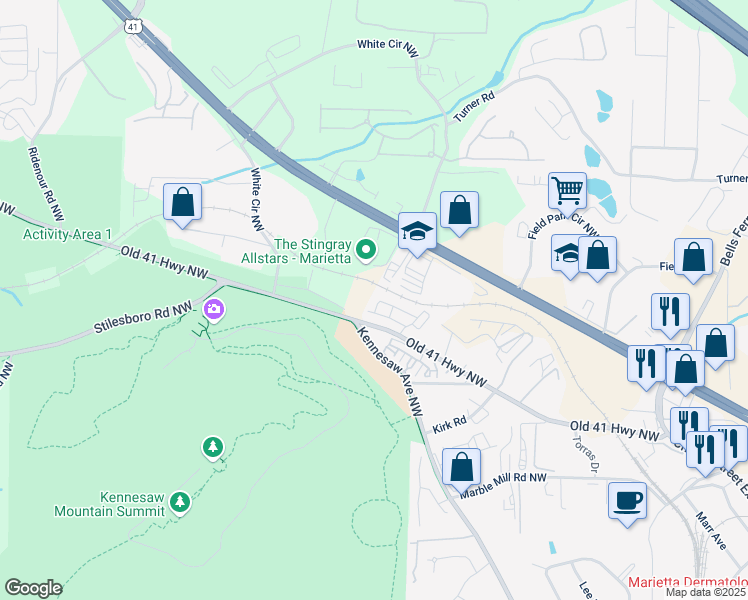 map of restaurants, bars, coffee shops, grocery stores, and more near 476 Springer Bend Northwest in Marietta