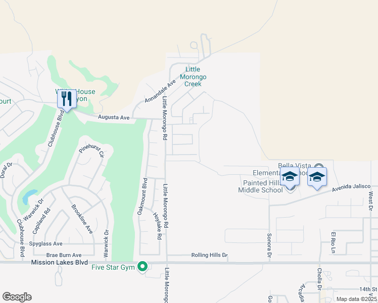 map of restaurants, bars, coffee shops, grocery stores, and more near 65114 Mesa Avenue in Desert Hot Springs