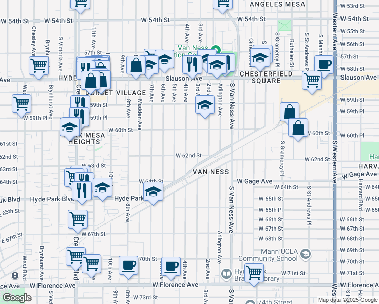 map of restaurants, bars, coffee shops, grocery stores, and more near 6056 4th Avenue in Los Angeles