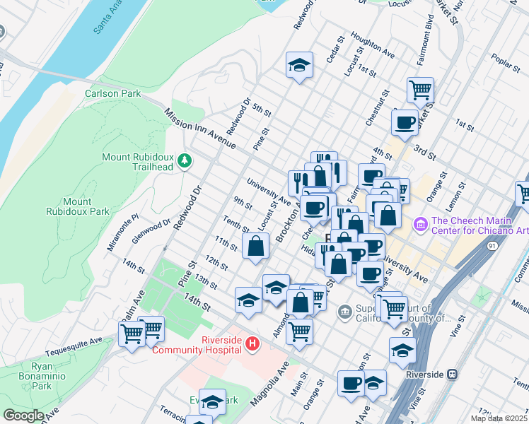 map of restaurants, bars, coffee shops, grocery stores, and more near 3873 Locust Street in Riverside