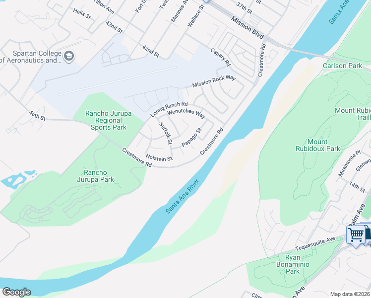 map of restaurants, bars, coffee shops, grocery stores, and more near 5114 Seri Court in Riverside