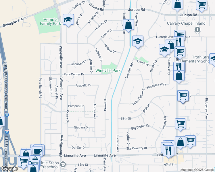 map of restaurants, bars, coffee shops, grocery stores, and more near 5705 Crown Drive in Jurupa Valley