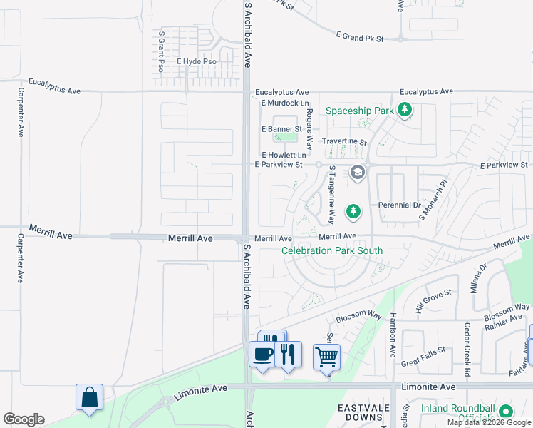 map of restaurants, bars, coffee shops, grocery stores, and more near 4943 Bountiful Trail in Ontario