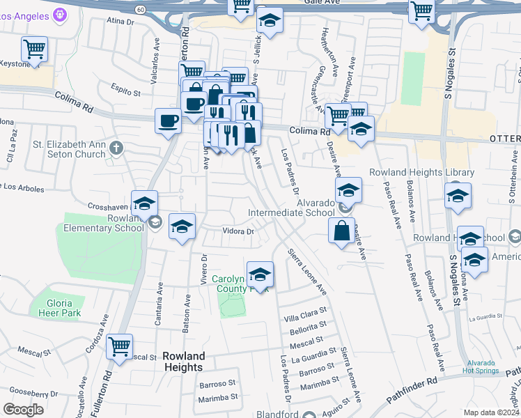 map of restaurants, bars, coffee shops, grocery stores, and more near 1937 Jellick Avenue in Rowland Heights