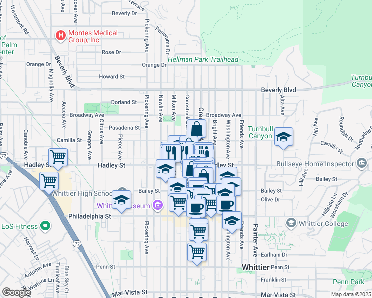 map of restaurants, bars, coffee shops, grocery stores, and more near 6308 Comstock Avenue in Whittier