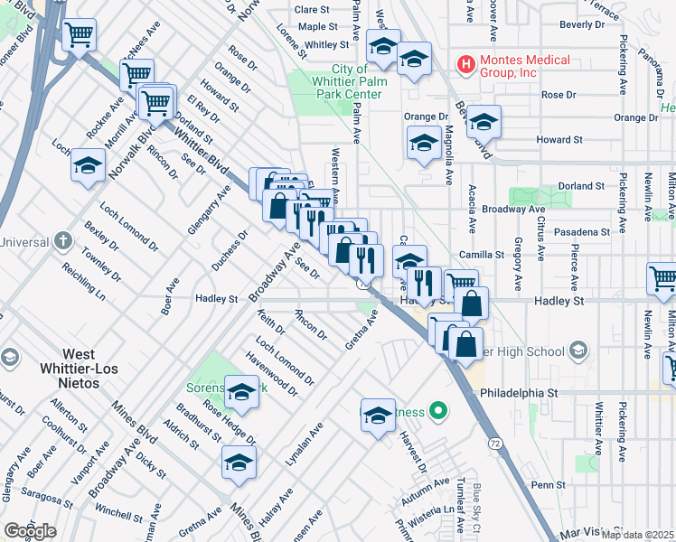 map of restaurants, bars, coffee shops, grocery stores, and more near 11456 Whittier Boulevard in Whittier