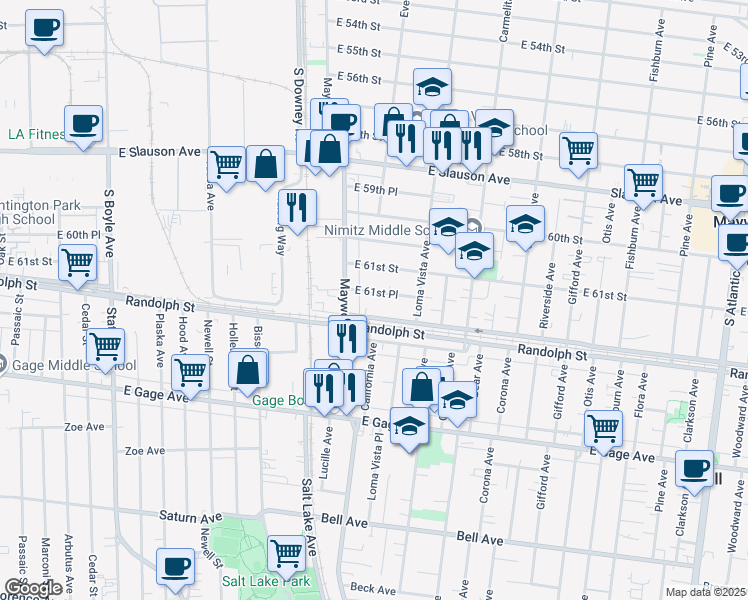 map of restaurants, bars, coffee shops, grocery stores, and more near 3530 East 61st Place in Huntington Park