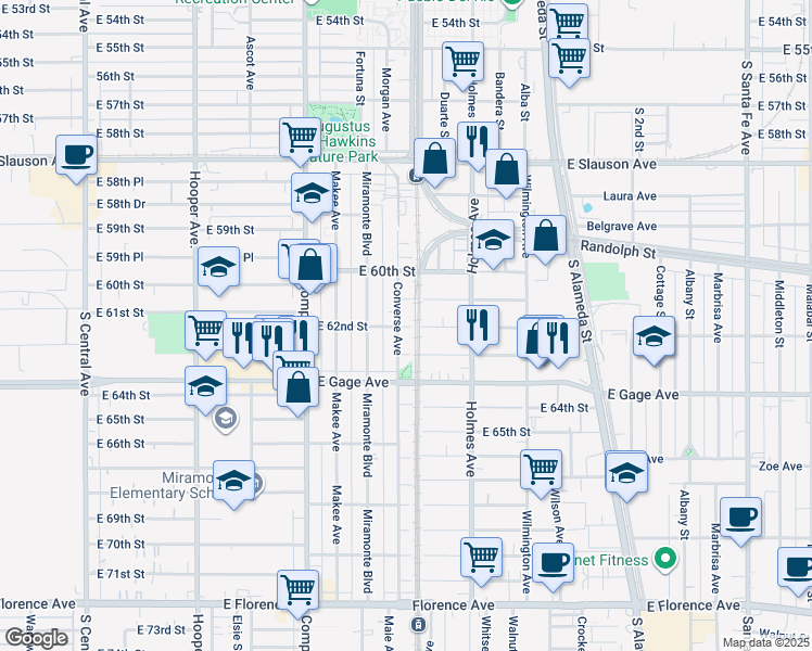 map of restaurants, bars, coffee shops, grocery stores, and more near 1665 East 62nd Street in Los Angeles