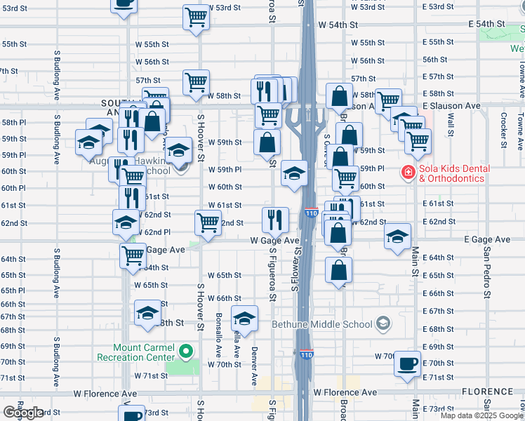 map of restaurants, bars, coffee shops, grocery stores, and more near 606 West 61st Street in Los Angeles