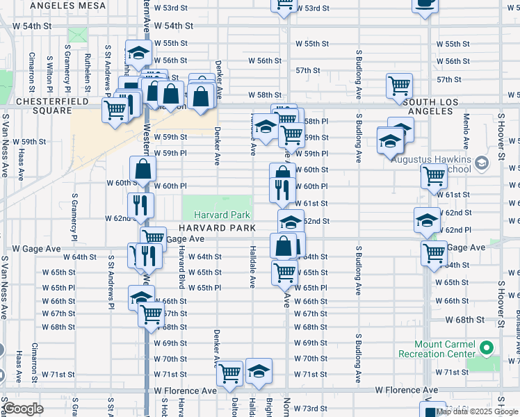 map of restaurants, bars, coffee shops, grocery stores, and more near 1448 West 61st Street in Los Angeles