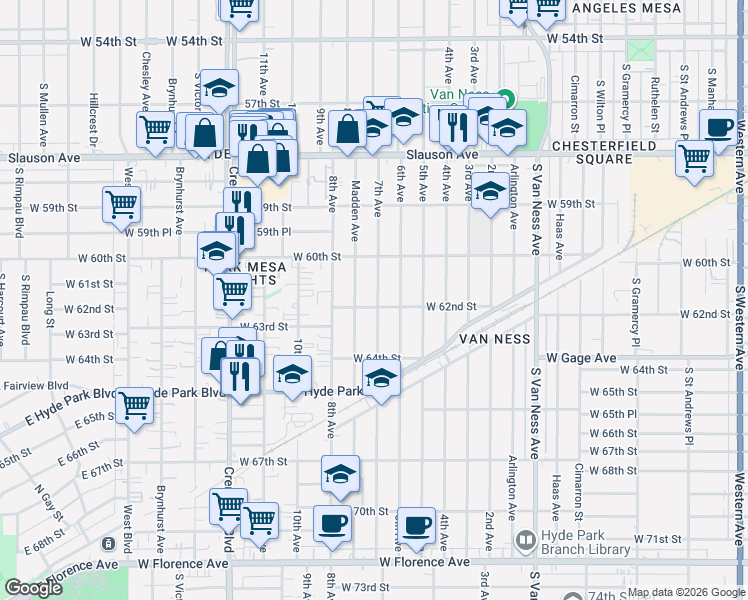 map of restaurants, bars, coffee shops, grocery stores, and more near 6050 7th Avenue in Los Angeles