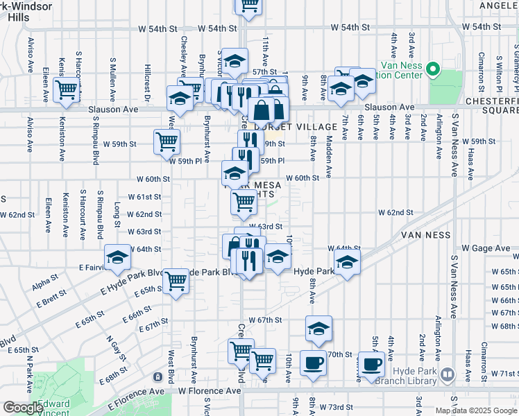 map of restaurants, bars, coffee shops, grocery stores, and more near 6030 Crenshaw Boulevard in Los Angeles