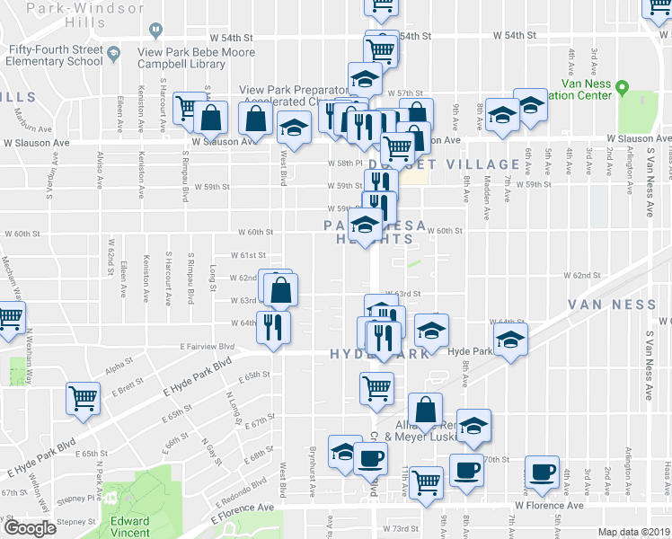 map of restaurants, bars, coffee shops, grocery stores, and more near 6122 South Victoria Avenue in Los Angeles