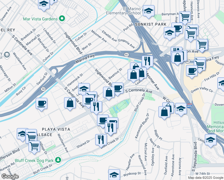 map of restaurants, bars, coffee shops, grocery stores, and more near in Los Angeles