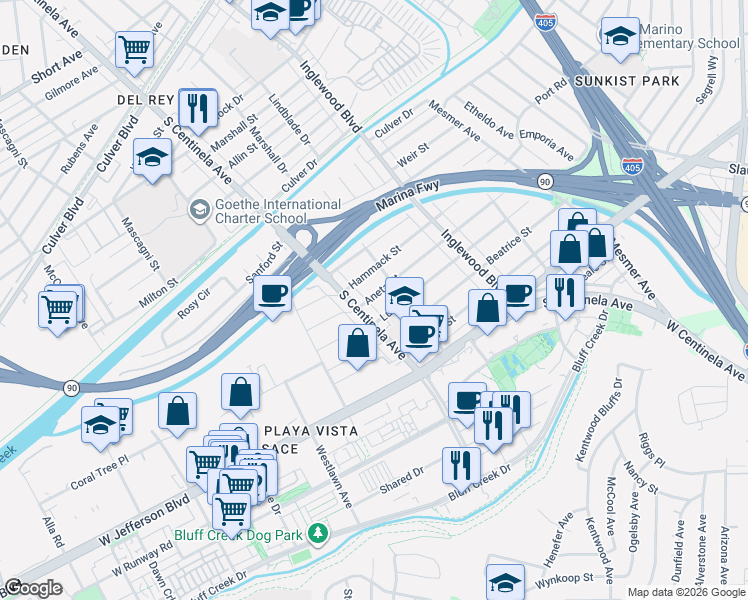 map of restaurants, bars, coffee shops, grocery stores, and more near 12319 Aneta Street in Culver City