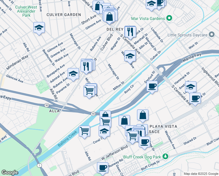 map of restaurants, bars, coffee shops, grocery stores, and more near 12611 Presnell Street in Los Angeles