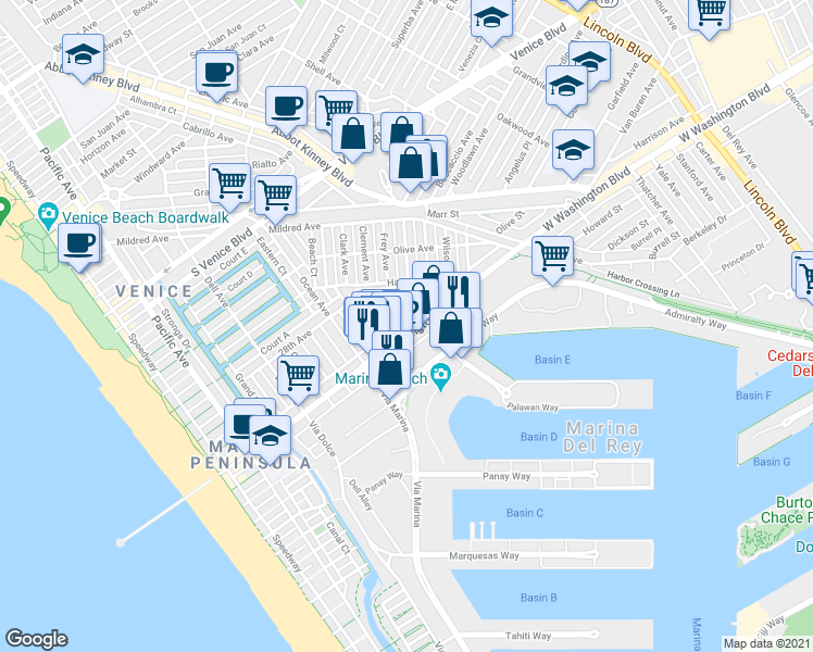 map of restaurants, bars, coffee shops, grocery stores, and more near 561 Washington Boulevard in Marina del Rey
