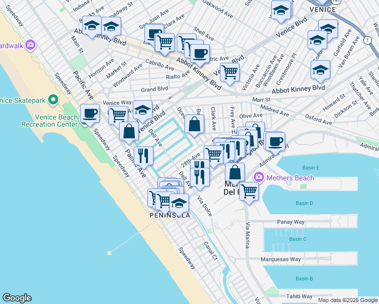 map of restaurants, bars, coffee shops, grocery stores, and more near 450 Sherman Canal in Los Angeles