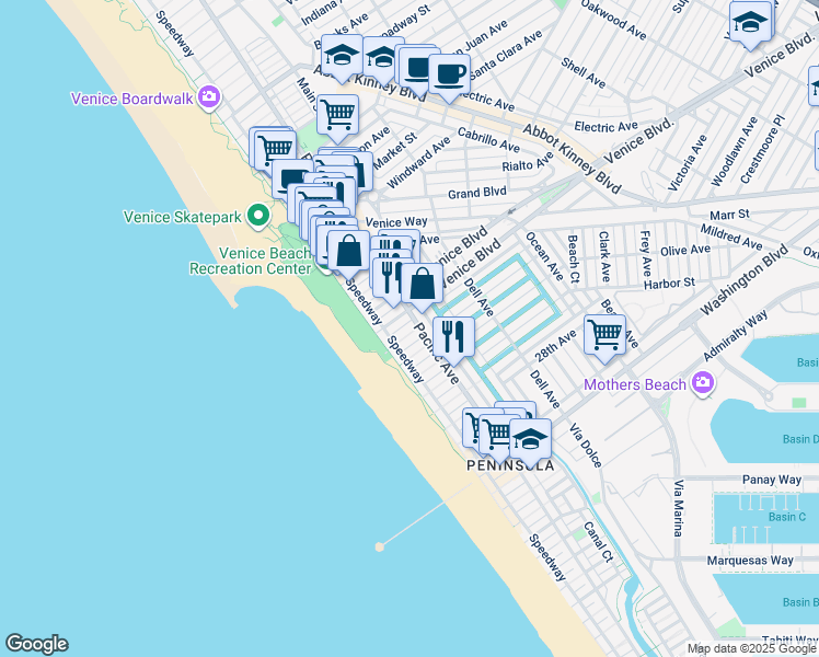map of restaurants, bars, coffee shops, grocery stores, and more near 28 South Venice Boulevard in Los Angeles