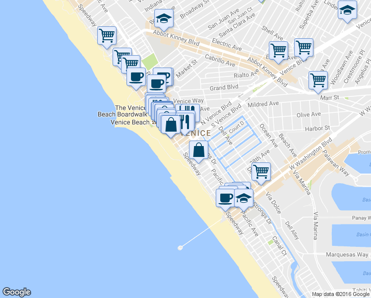 map of restaurants, bars, coffee shops, grocery stores, and more near 28 South Venice Boulevard in Los Angeles