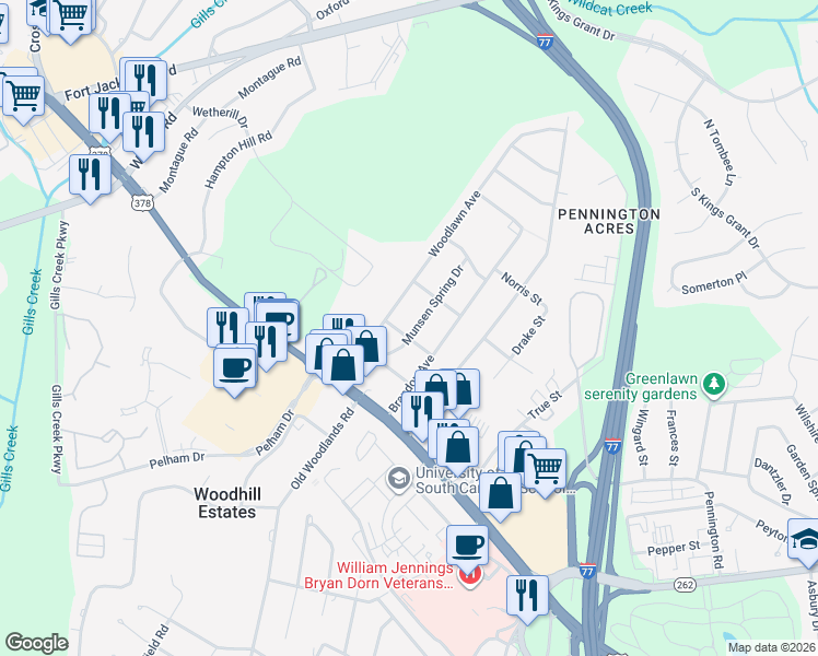 map of restaurants, bars, coffee shops, grocery stores, and more near 6108 Harietta Avenue in Columbia