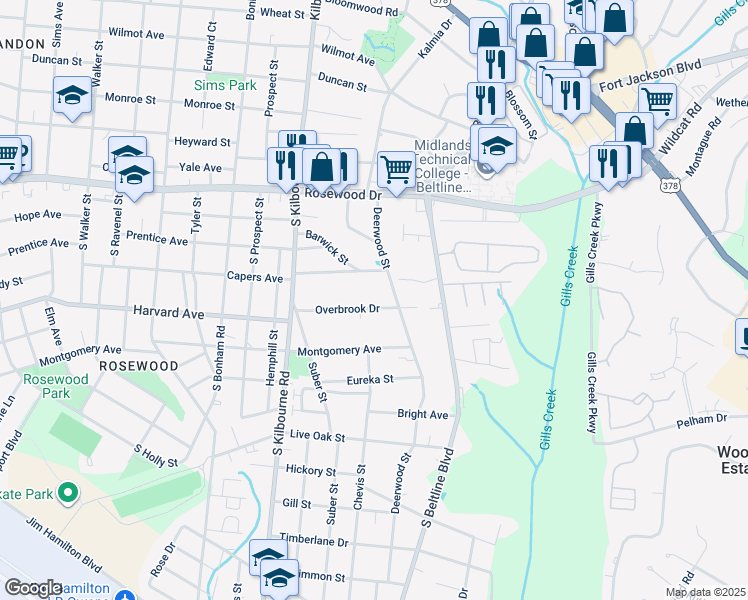 map of restaurants, bars, coffee shops, grocery stores, and more near 517 Deerwood Street in Columbia