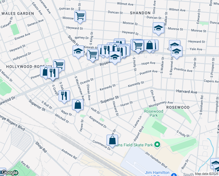 map of restaurants, bars, coffee shops, grocery stores, and more near 601 Howard Street in Columbia