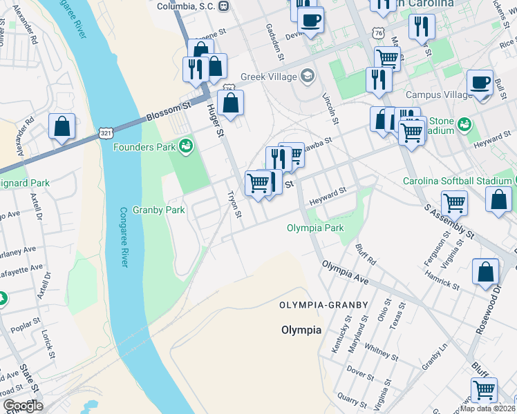map of restaurants, bars, coffee shops, grocery stores, and more near 520 Whaley Street in Columbia