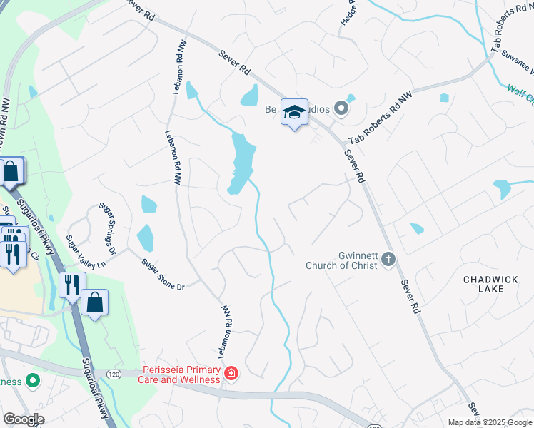 map of restaurants, bars, coffee shops, grocery stores, and more near 2101 Hunters Green Drive Northeast in Lawrenceville