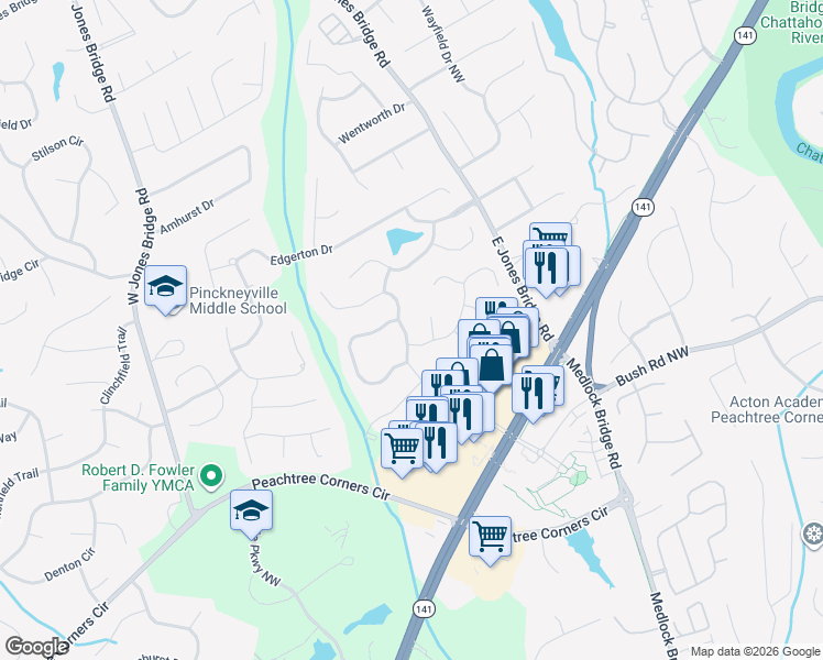 map of restaurants, bars, coffee shops, grocery stores, and more near 5205 Chaversham Lane Northwest in Norcross