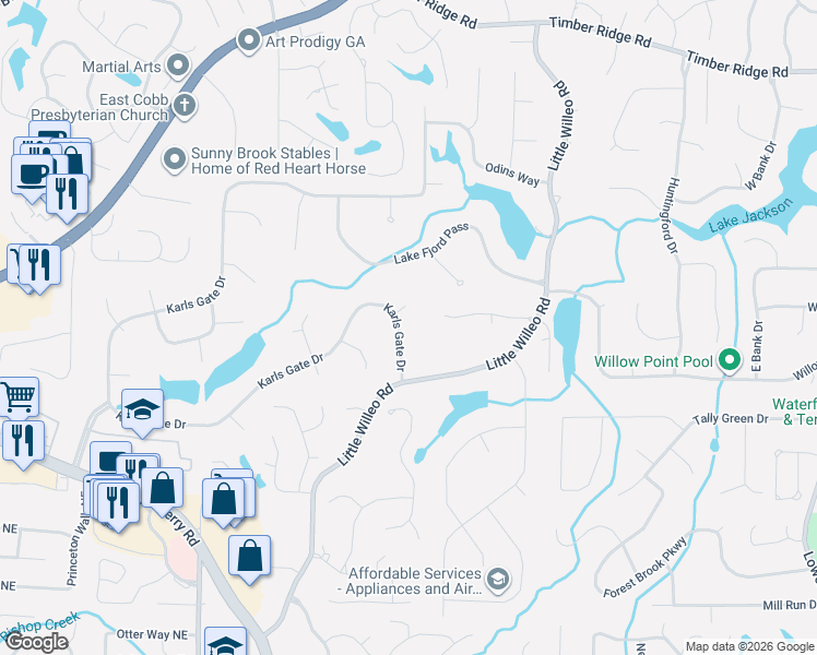 map of restaurants, bars, coffee shops, grocery stores, and more near 4366 Karls Gate Drive in Marietta