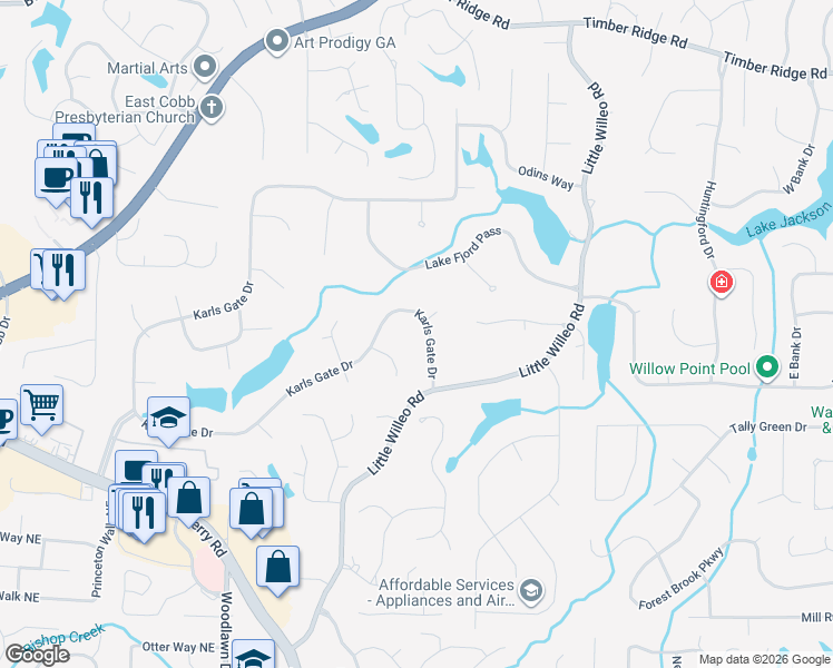 map of restaurants, bars, coffee shops, grocery stores, and more near 4366 Karls Gate Drive in Marietta