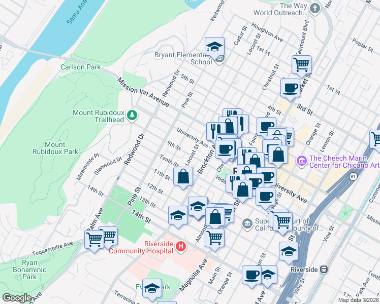 map of restaurants, bars, coffee shops, grocery stores, and more near 3891 Locust Street in Riverside