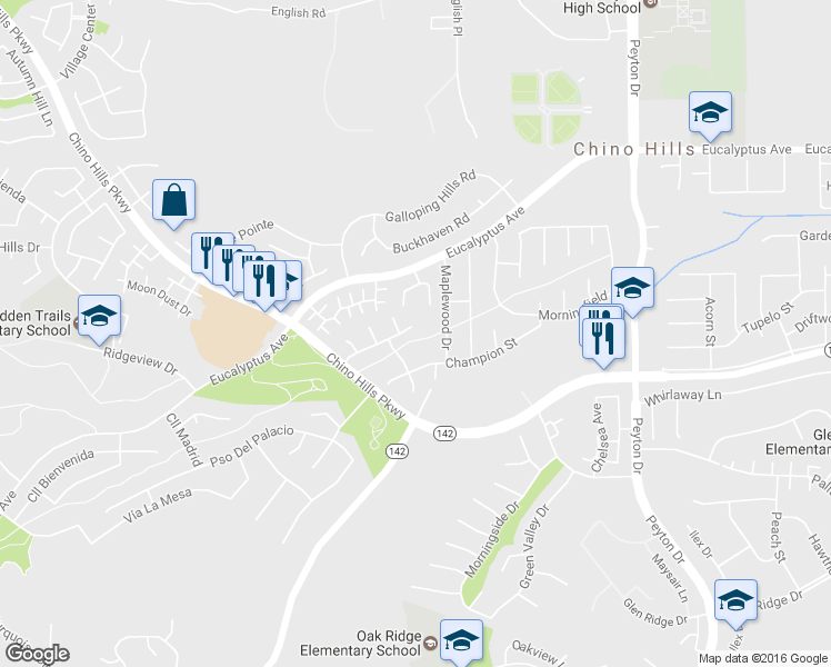 map of restaurants, bars, coffee shops, grocery stores, and more near 2907 Hawk Road in Chino Hills