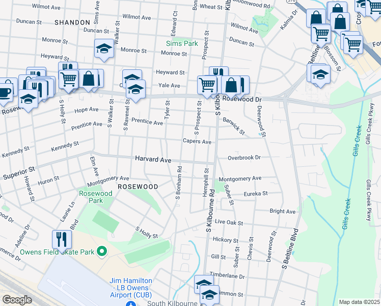 map of restaurants, bars, coffee shops, grocery stores, and more near 507 South Prospect Street in Columbia