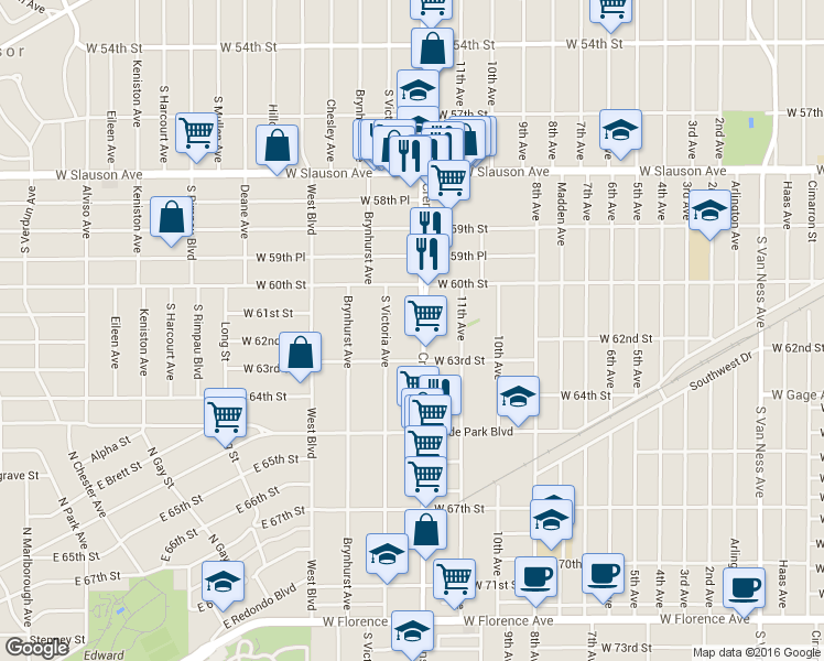 map of restaurants, bars, coffee shops, grocery stores, and more near 6121 Crenshaw Boulevard in Los Angeles
