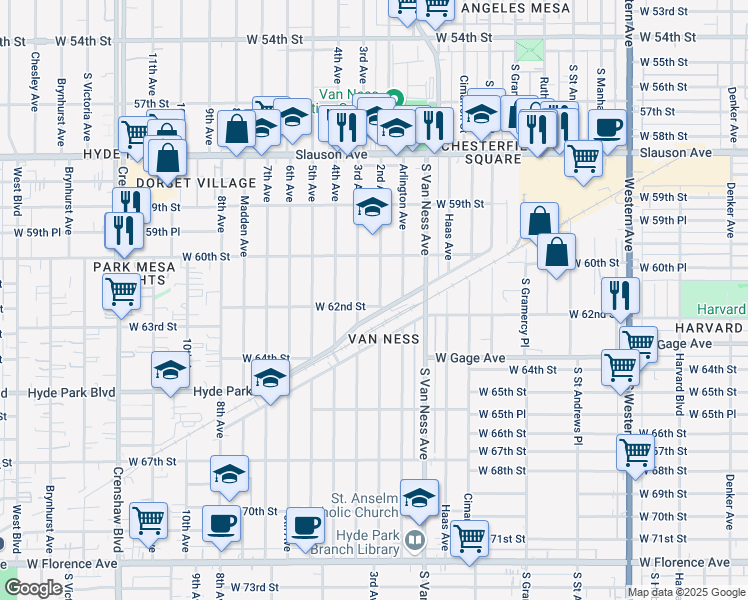 map of restaurants, bars, coffee shops, grocery stores, and more near 6051 2nd Avenue in Los Angeles
