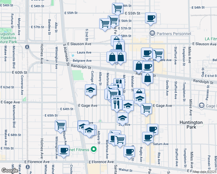 map of restaurants, bars, coffee shops, grocery stores, and more near 6222 Marbrisa Avenue in Huntington Park
