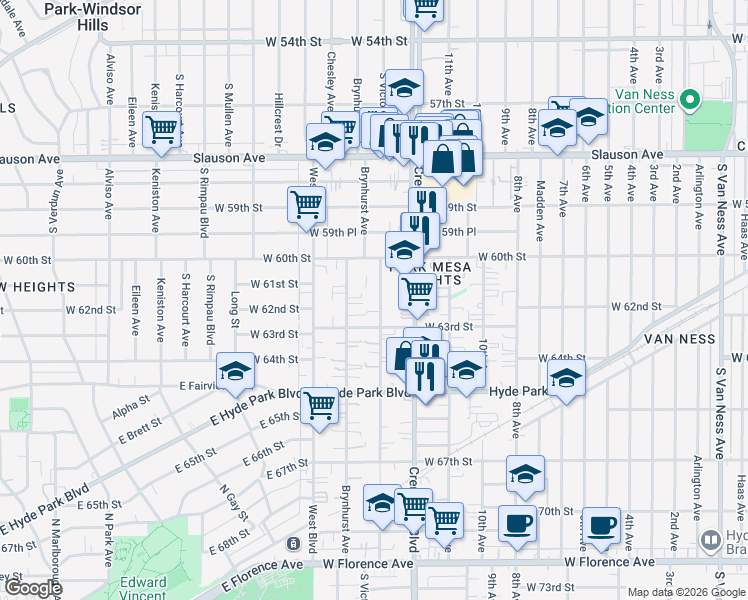 map of restaurants, bars, coffee shops, grocery stores, and more near 6125 South Victoria Avenue in Los Angeles