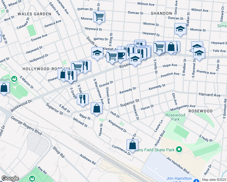 map of restaurants, bars, coffee shops, grocery stores, and more near 521 Graymont Avenue in Columbia
