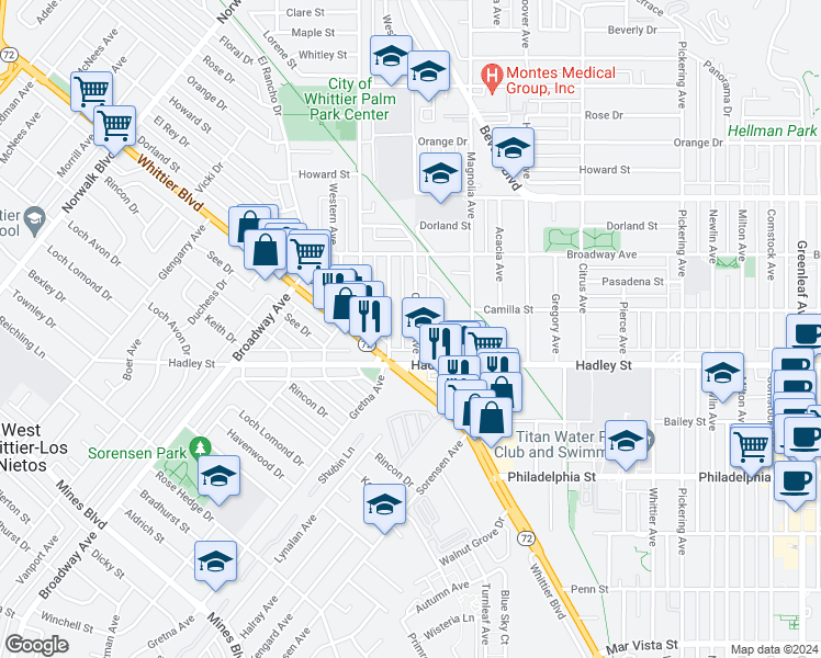 map of restaurants, bars, coffee shops, grocery stores, and more near 6321 Canobie Avenue in Whittier