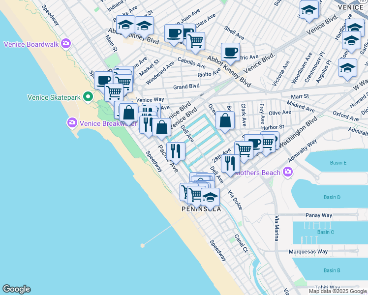 map of restaurants, bars, coffee shops, grocery stores, and more near 218 Linnie Canal in Los Angeles