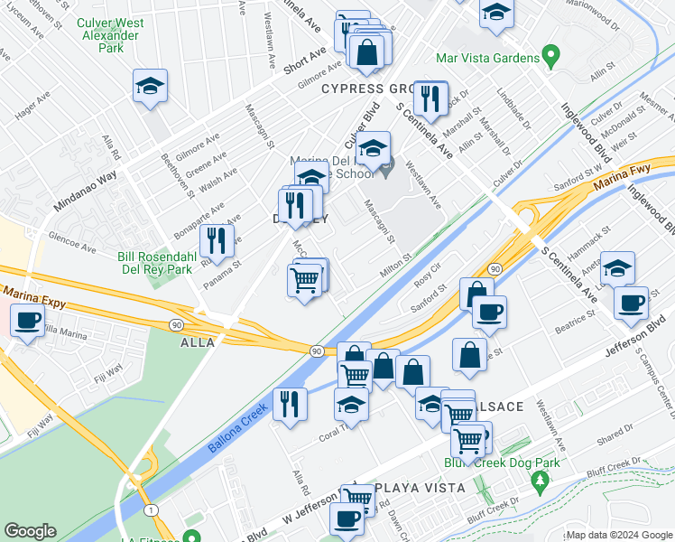 map of restaurants, bars, coffee shops, grocery stores, and more near 4911 Patrae Street in Los Angeles