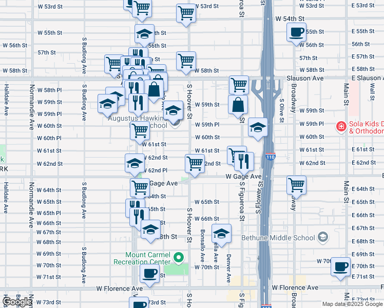 map of restaurants, bars, coffee shops, grocery stores, and more near 6100 South Hoover Street in Los Angeles