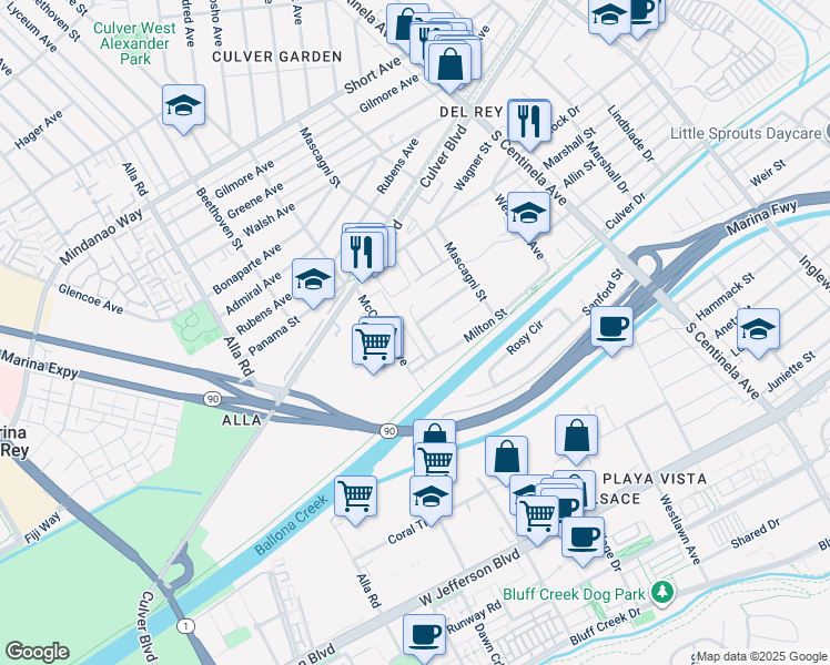 map of restaurants, bars, coffee shops, grocery stores, and more near 4911 Patrae Street in Los Angeles