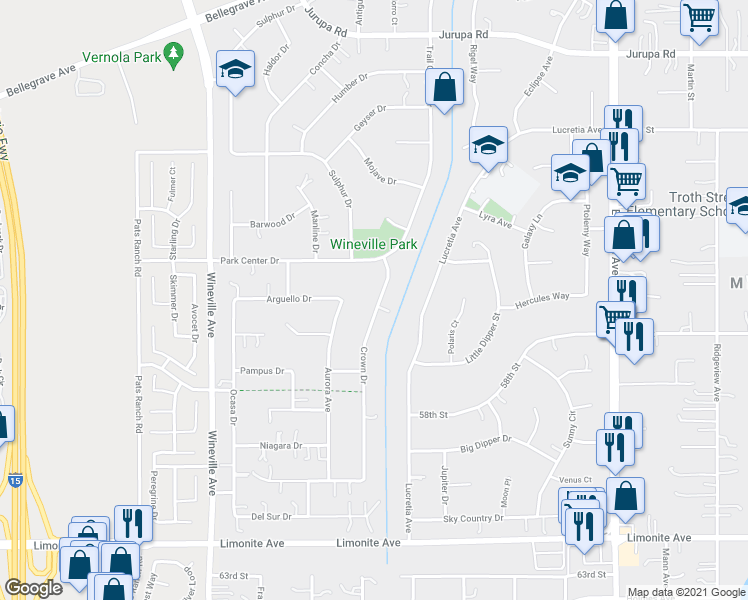 map of restaurants, bars, coffee shops, grocery stores, and more near 5705 Crown Drive in Jurupa Valley