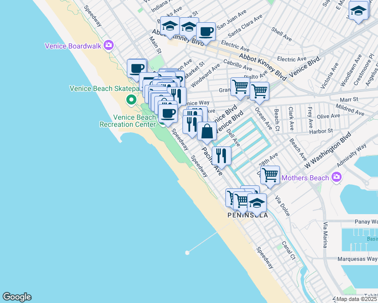 map of restaurants, bars, coffee shops, grocery stores, and more near 2 South Venice Boulevard in Los Angeles