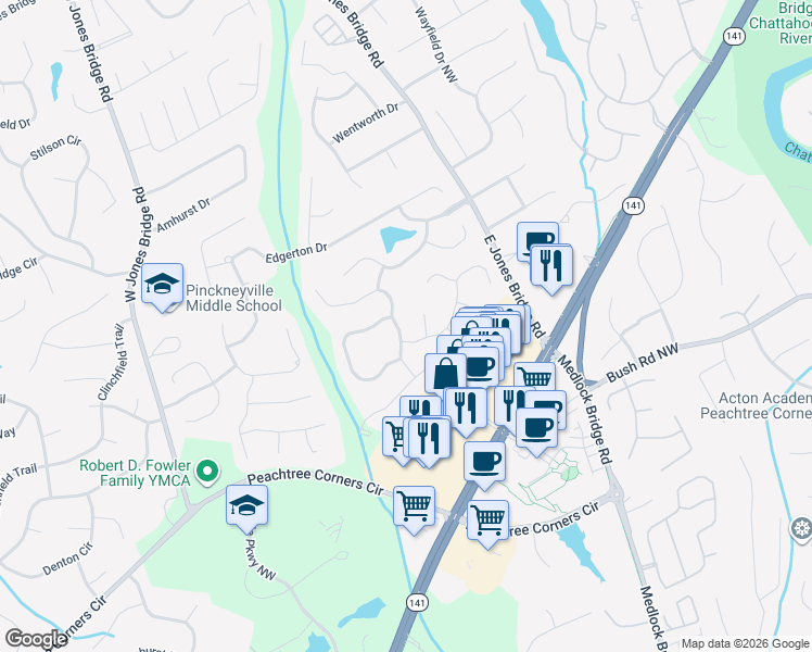 map of restaurants, bars, coffee shops, grocery stores, and more near 5205 Chaversham Lane Northwest in Norcross